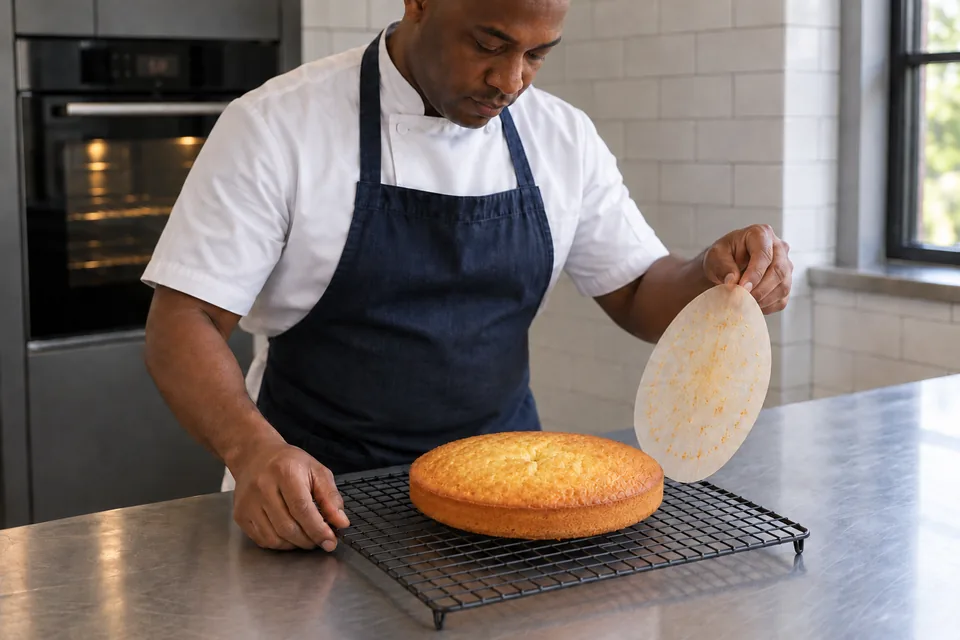 Cook holds the removed parchment beside a plain golden cake cooling on a rack.
