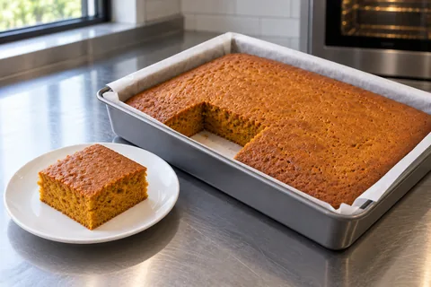 One orange-crumb pumpkin cake portion sits beside its matching rectangular gap in the sheet cake.