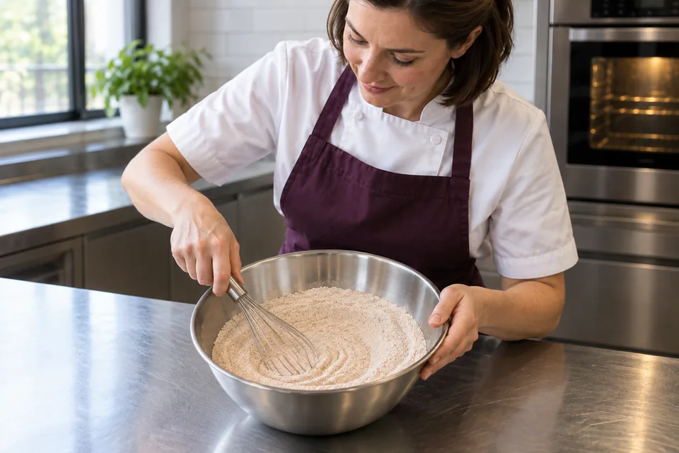 Hands whisk an evenly coloured spiced flour mixture.