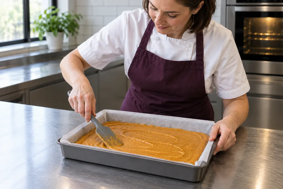Grey spatula spreads thick orange pumpkin batter in a lined rectangular tin.