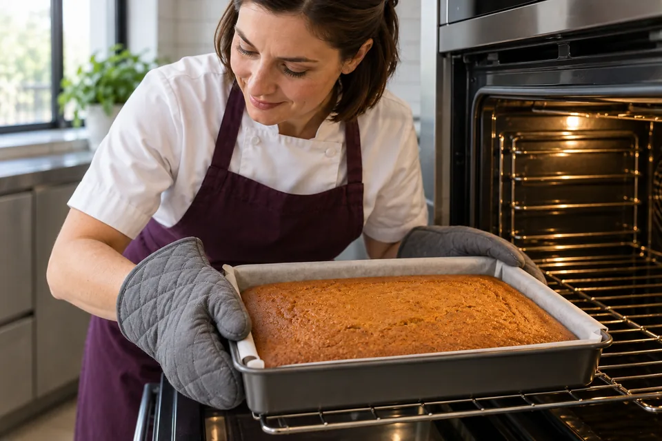 Cook wearing oven mitts draws out a lined tin of golden-brown pumpkin sheet cake.