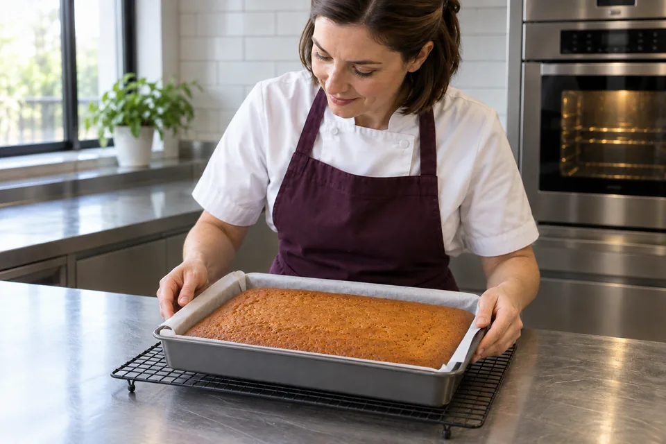 Cook rests a tin of plain pumpkin sheet cake on a cooling rack.