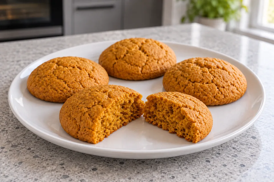 Plain golden-orange pumpkin cookies and one split cookie show a soft cake-like crumb.