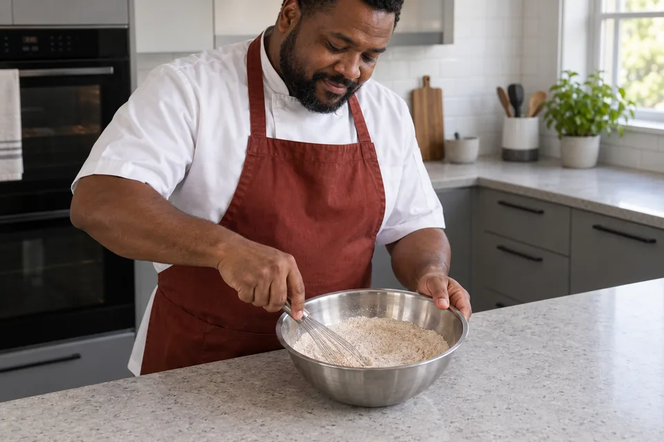 Cook whisks an even spiced flour mixture in a steel bowl.