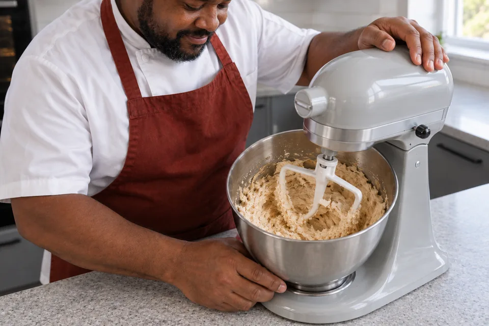 Stand mixer beats butter and sugars into a fluffy tan mixture.