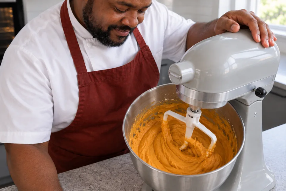 Mixer paddle combines a smooth orange pumpkin mixture in a steel bowl.