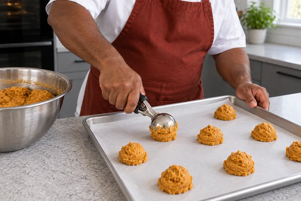 A trigger scoop places orange cookie dough portions on parchment with space between them.