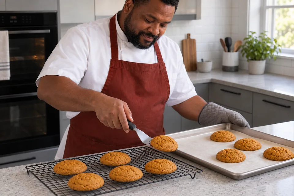 Cook uses a turner to move pumpkin cookies to a rack while an oven mitt steadies the tray.