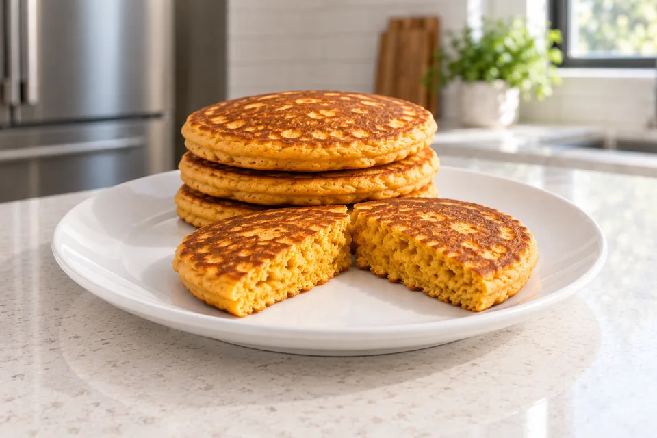 Three golden pumpkin pancakes and one split pancake reveal a fluffy orange centre.