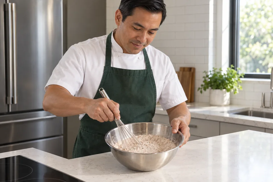 Cook whisks spiced flour and leaveners in a steel bowl.