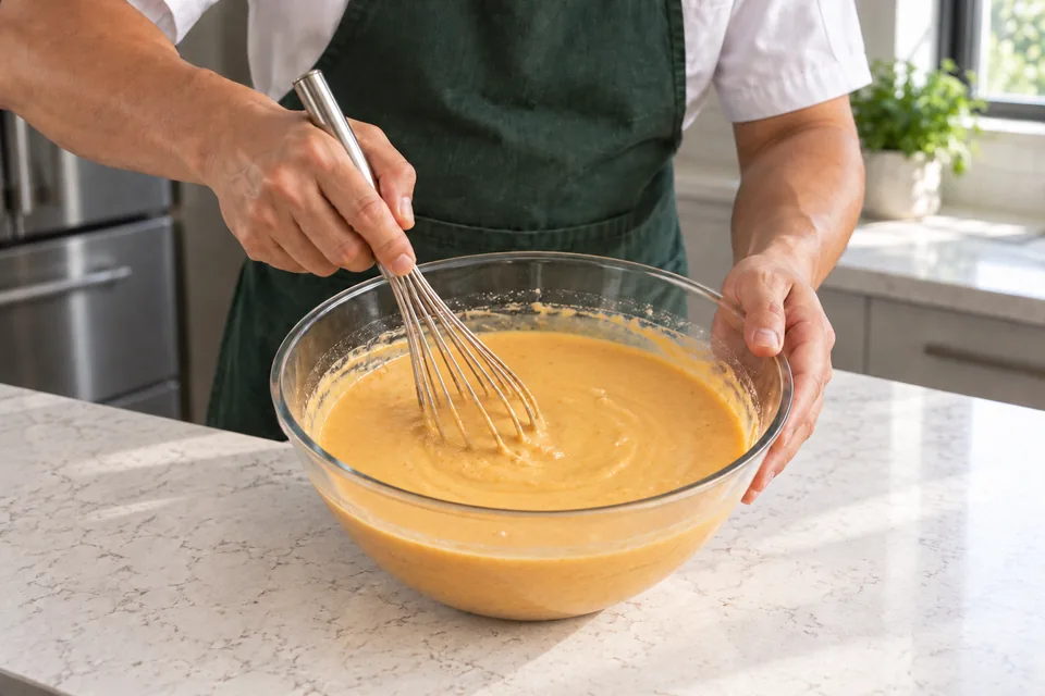 Hands whisk a smooth pale-orange pumpkin and milk mixture in a glass bowl.