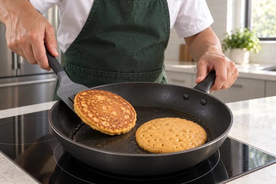 A turner lifts a golden pancake beside another with holes and set edges in a lightly oiled pan.