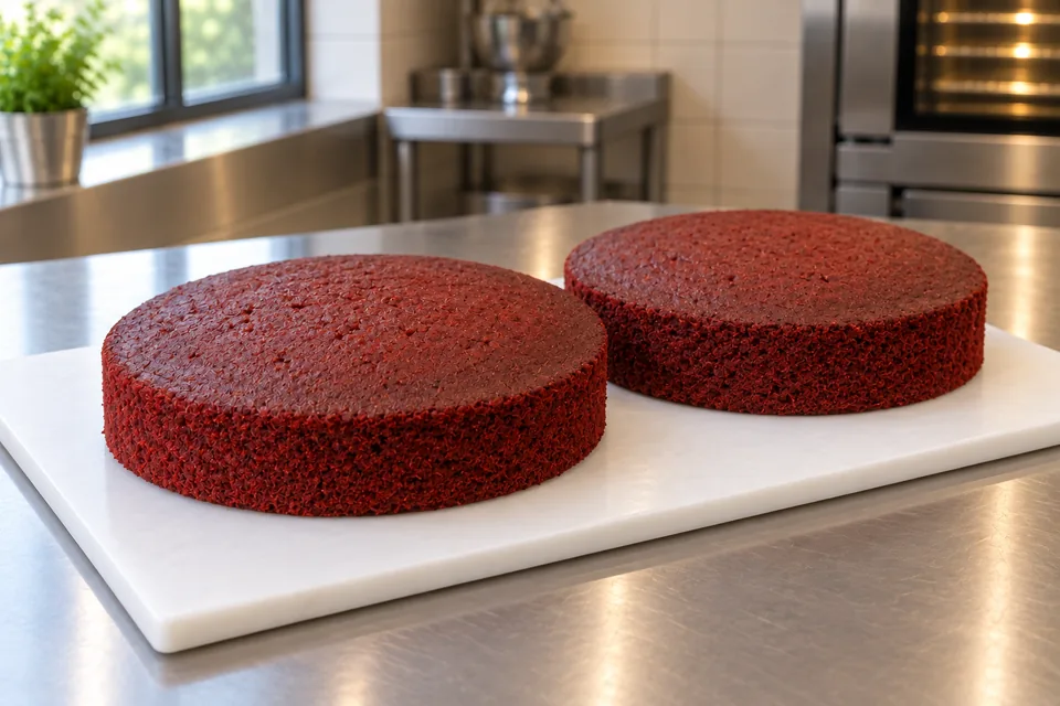Two plain red velvet cake layers with deep red crumb on a white serving board.