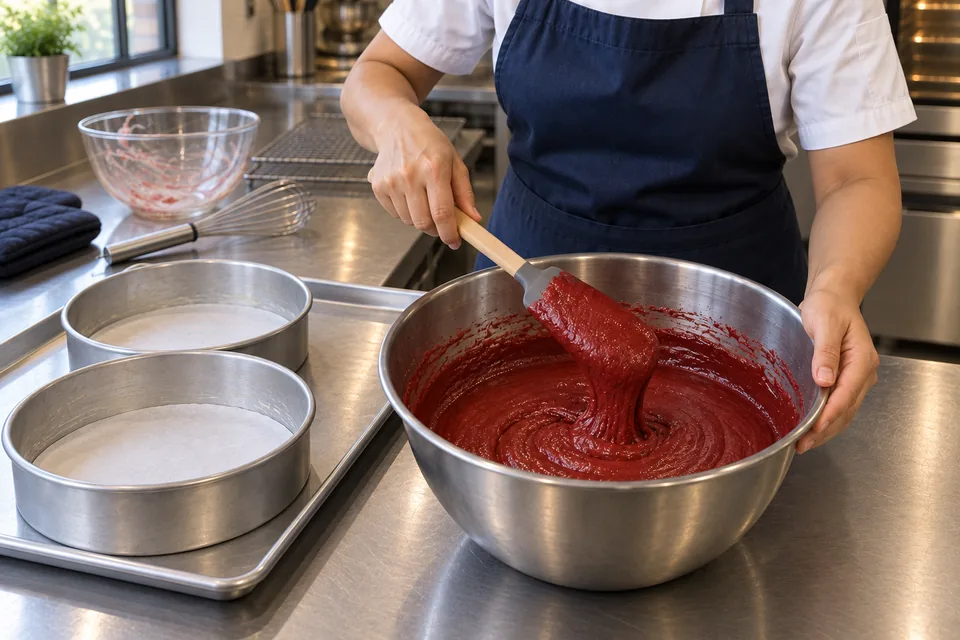 A spatula shows smooth red velvet batter in a metal bowl.
