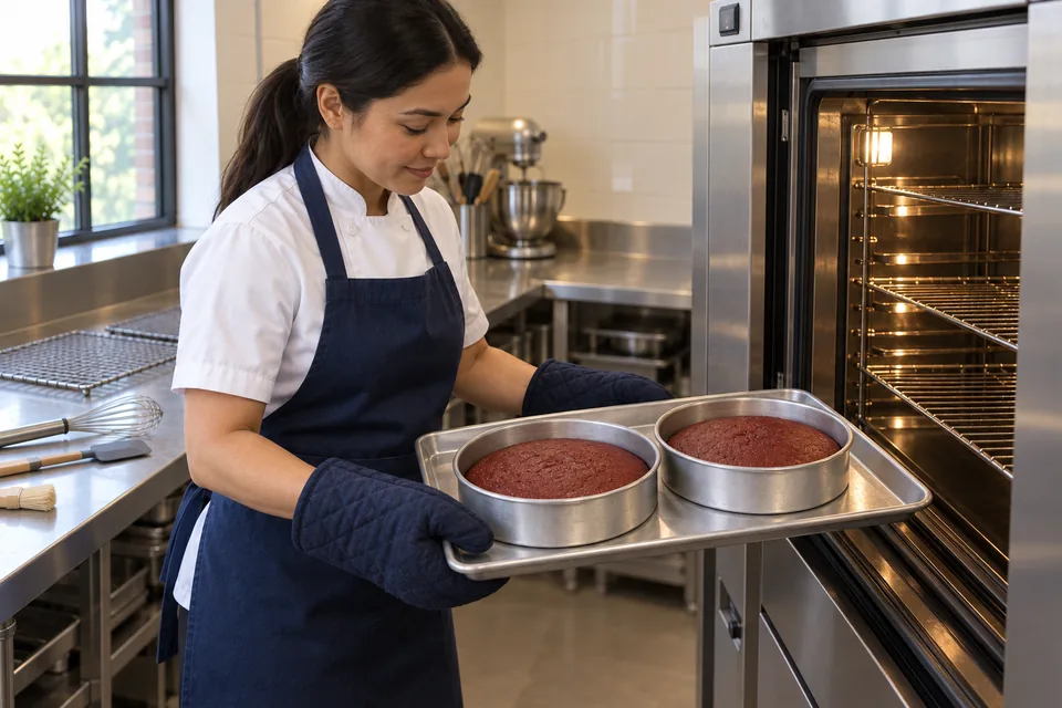 A cook removes two baked red velvet layers using oven mitts.