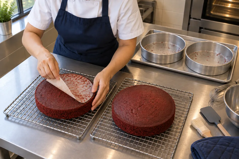 Two red velvet cake layers rest on cooling racks as parchment is peeled away.
