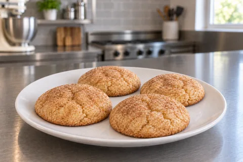 Four tan snickerdoodles with fine cinnamon sugar and lightly cracked tops on a white plate.