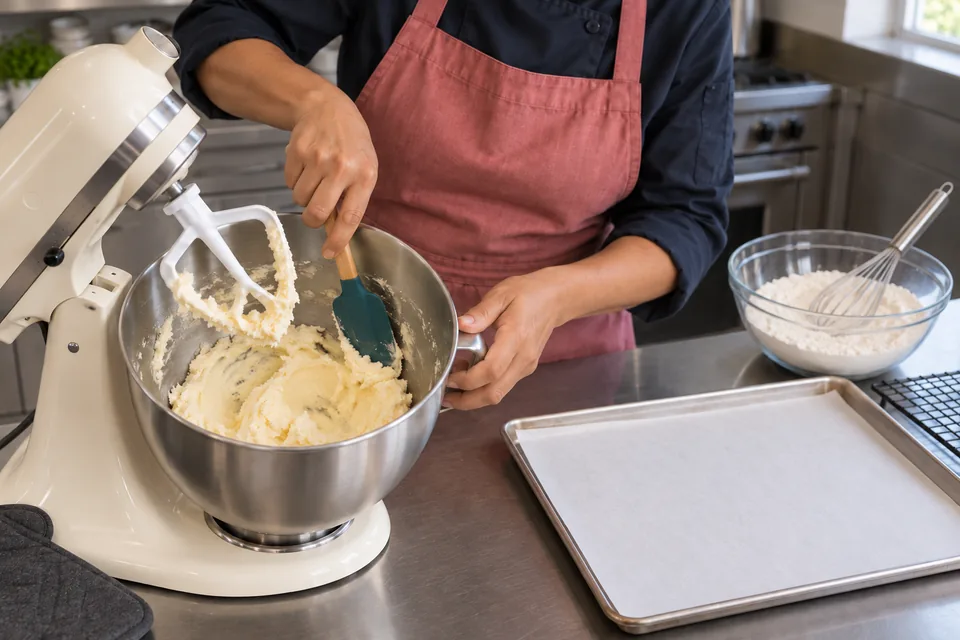 Pale butter and sugar cling to the mixer paddle and bowl.