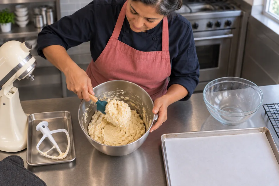 Soft pale cookie dough holds a mound in the steel bowl.