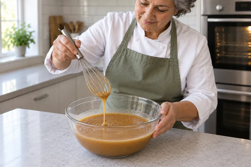 Cook whisking a smooth fluid brown wet mixture in a glass bowl.