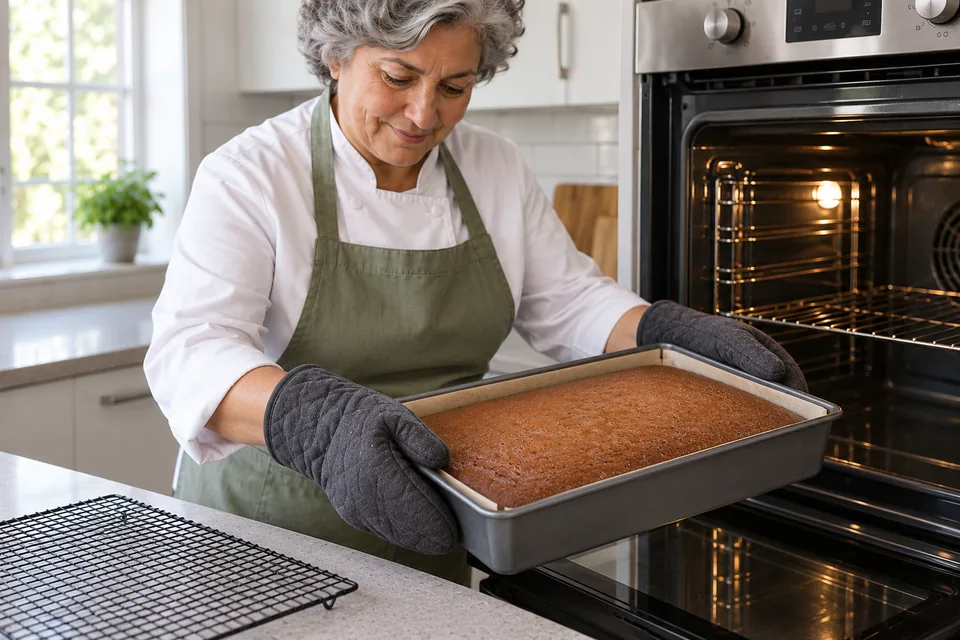 Cook wearing two oven mitts removing a browned sheet cake in its lined rectangular tin.
