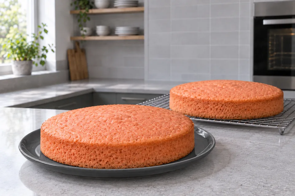 Two plain strawberry cake layers, with one on a charcoal ceramic plate and the second behind on a rack.