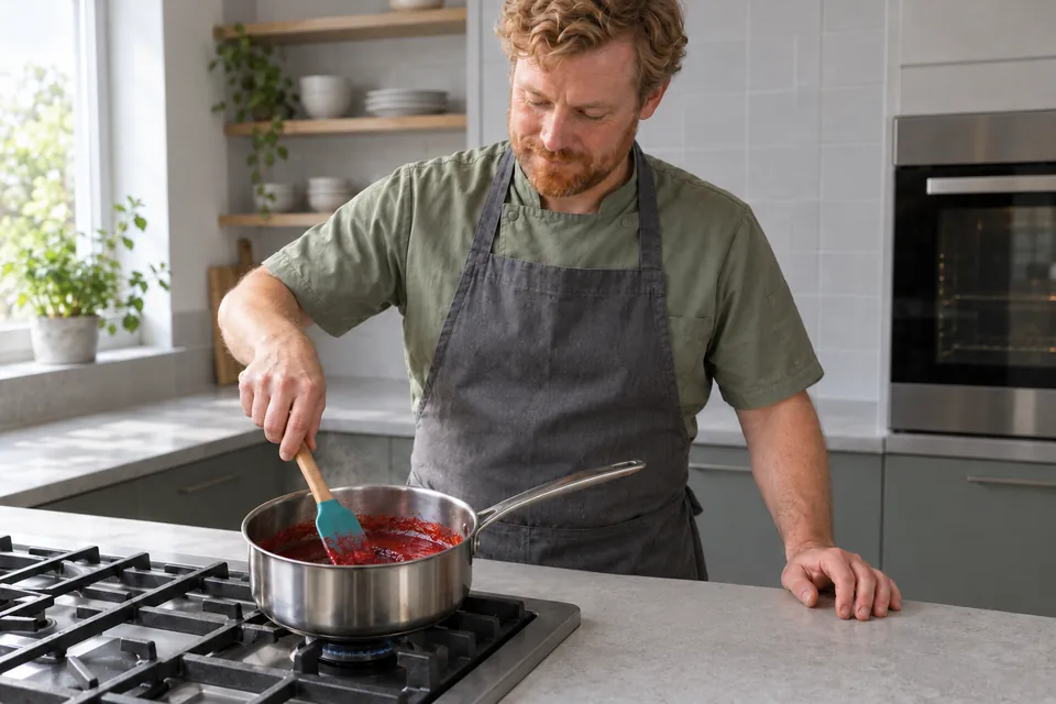 The cook stirs thick concentrated strawberry purée in a small saucepan.