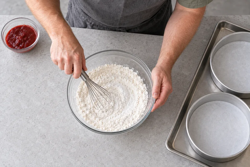 A whisk mixes the pale dry ingredients in a clear glass bowl.