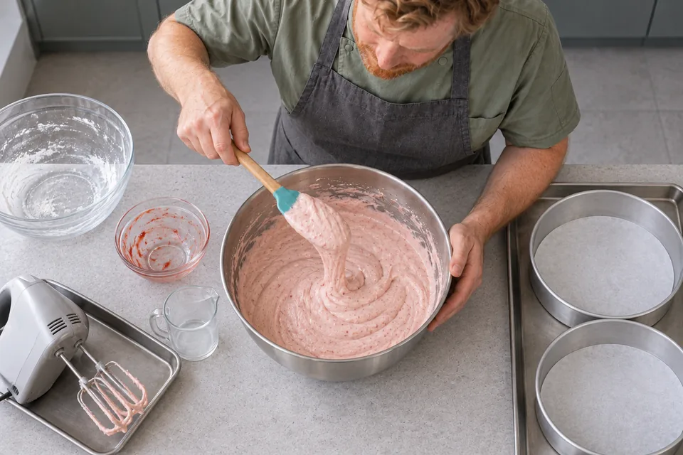 Muted pink batter folds smoothly from a spatula into the steel bowl.