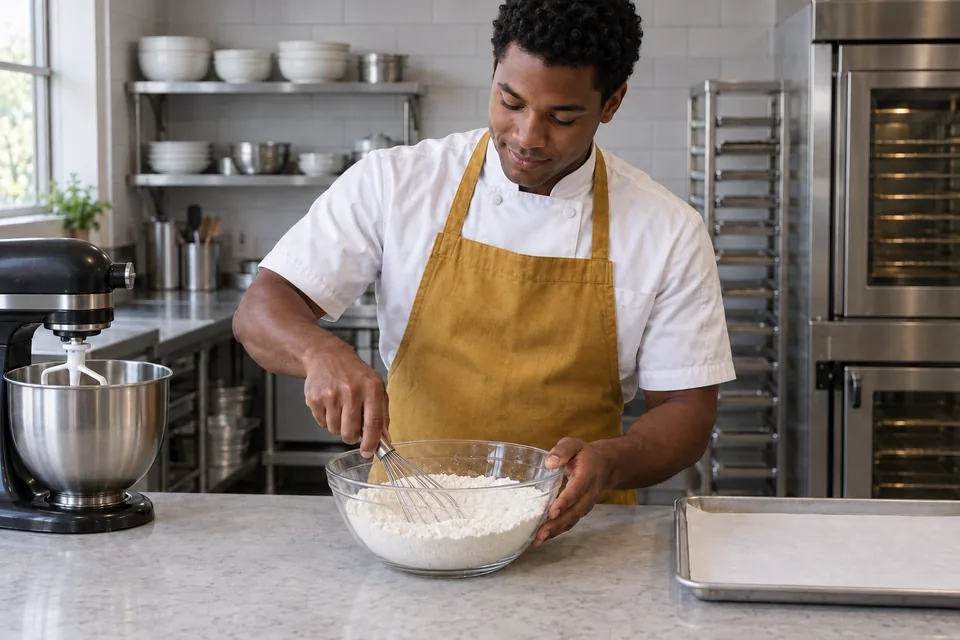 A cook whisking the dry ingredients for sugar cookies.