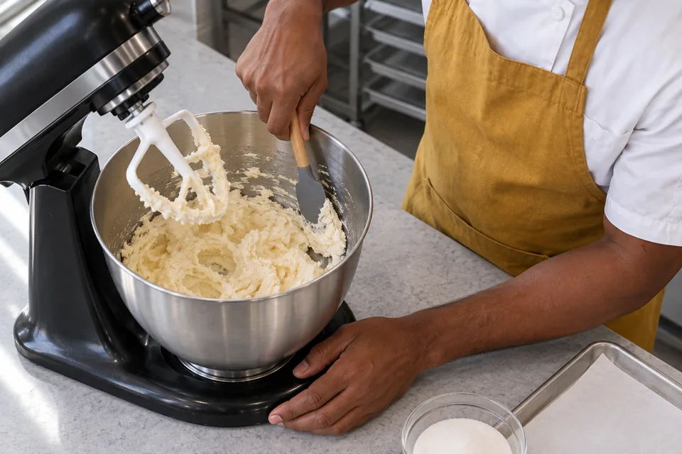 A spatula scrapes the pale creamed base in a mixer bowl.
