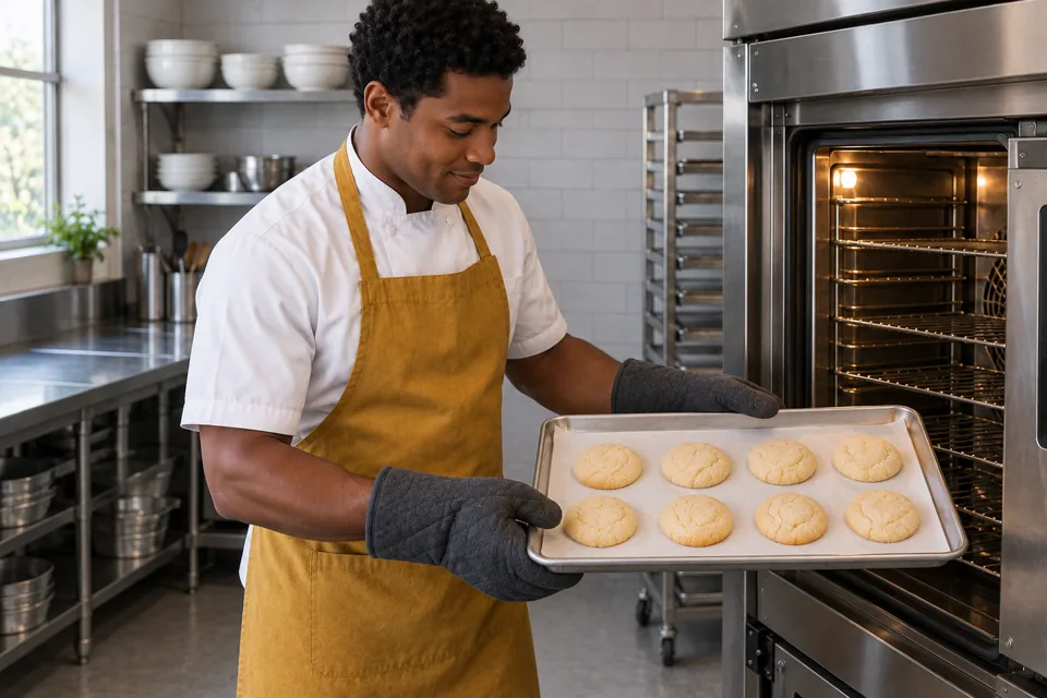 A cook removes eight pale sugar cookies with oven mitts.