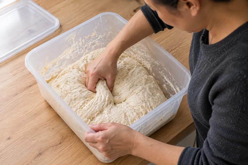 From above, a cook pinches through the wet dough while holding the near corner of the clear mixing tub.
