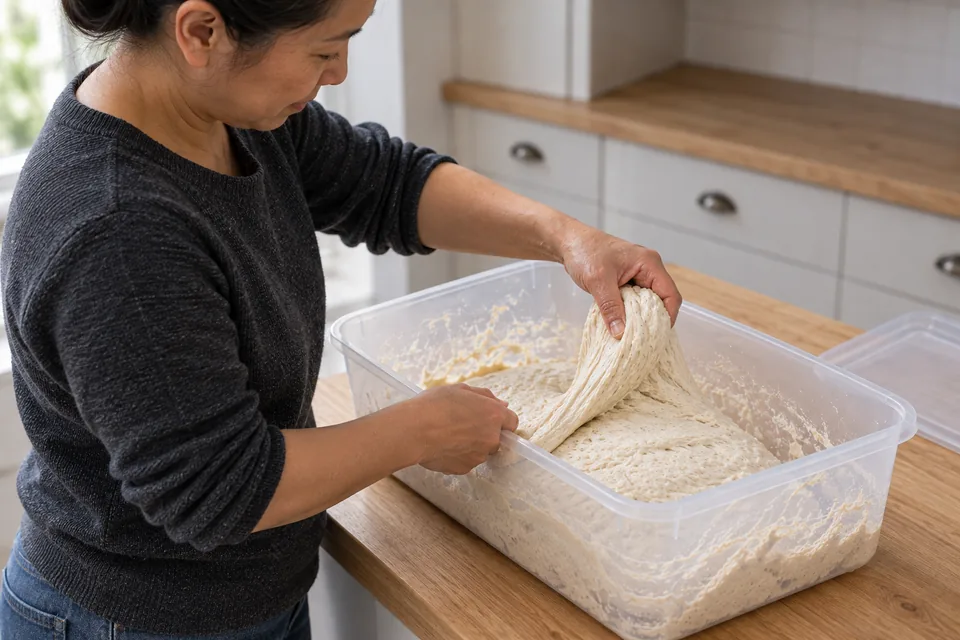 Seen from the side, a cook lifts an edge of wet dough in the tub before folding it across the mass.