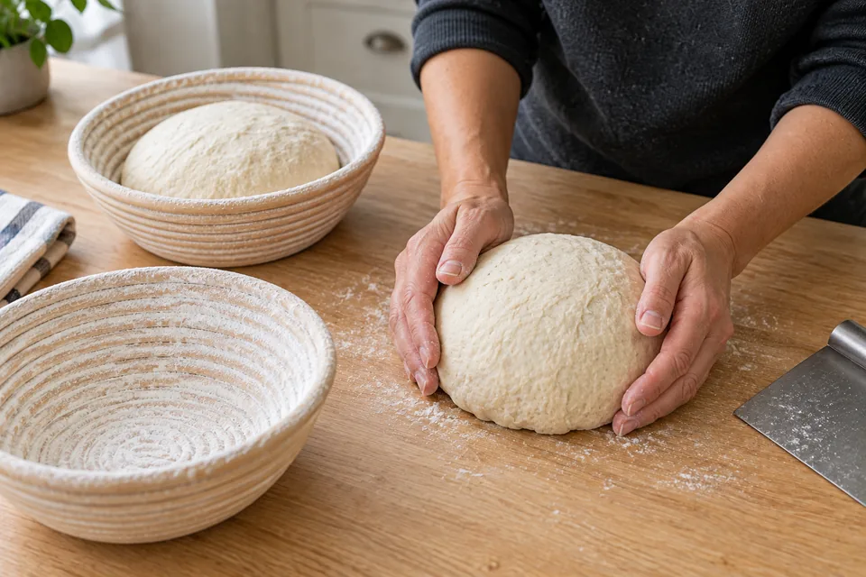 Hands cupping one dough round on the worktop, with a second round smooth-side up in a floured basket.