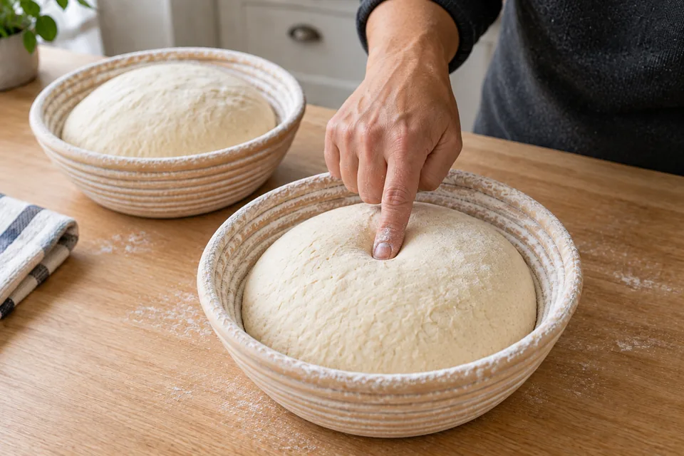 A fingertip gently checking a risen loaf in a floured bread basket.