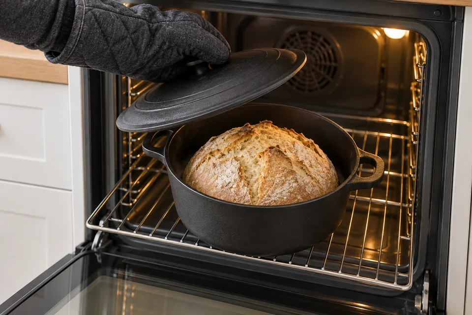 A lid being lifted with oven mitts, revealing a light-golden loaf with a naturally split top in a cast-iron pot on the oven rack.