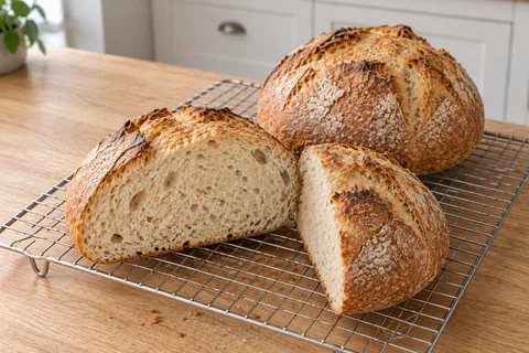 Two fully cooled round loaves on a raised wire rack, one halved to show the cream-colored crumb and irregular air pockets.